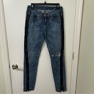 bebe Women’s Blue Skinny Jeans Distressed with Black Zipper Stripes